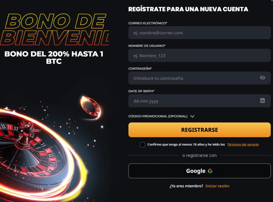 Alt: Instant Casino formulario de registro con bono de bienvenida del 200% hasta 1 BTC