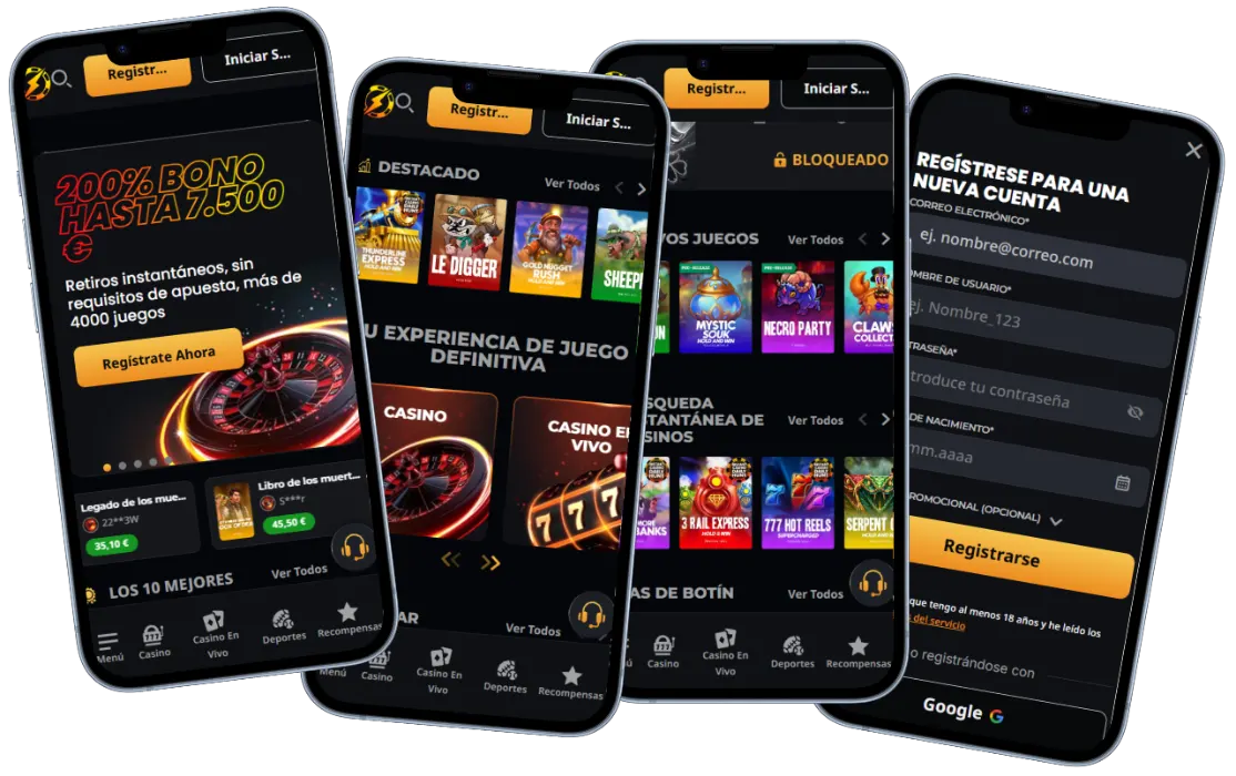Instant Casino app móvil con bono del 200%, catálogo de slots y formulario de registro