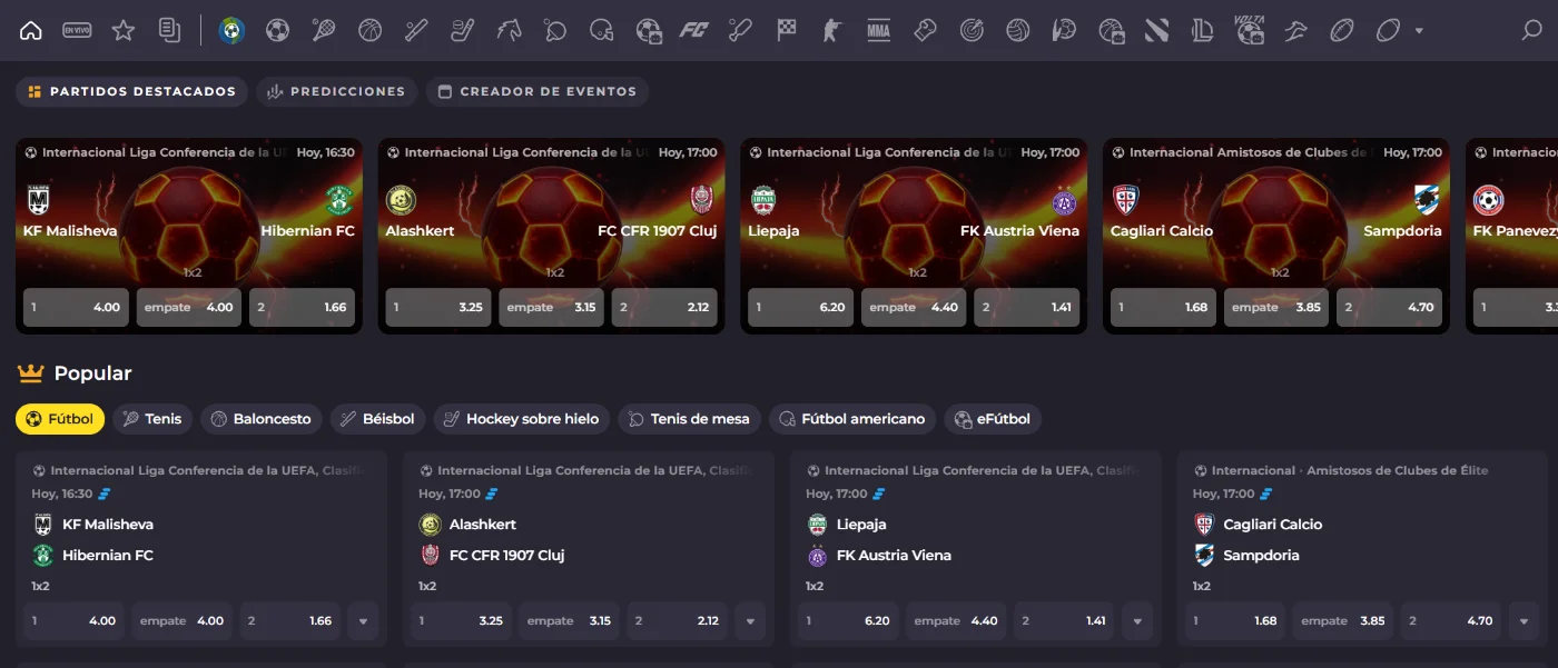 Instant Casino sección de deportes con partidos destacados de fútbol y cuotas 1x2
